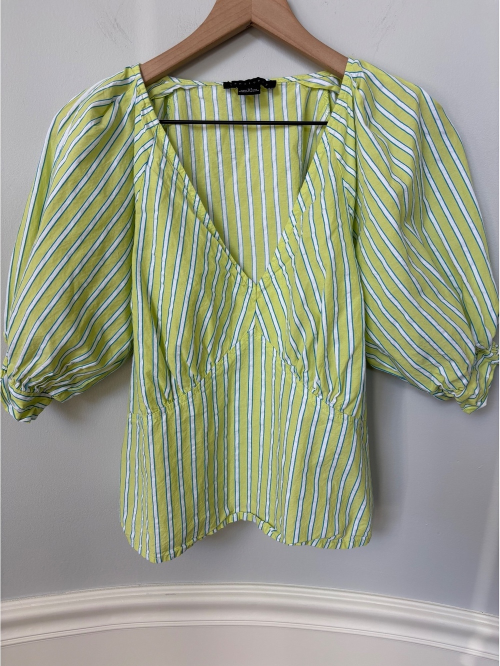 Sanctuary Women's Medium Yellow and White Striped Cotton Puff Sleeve Blouse